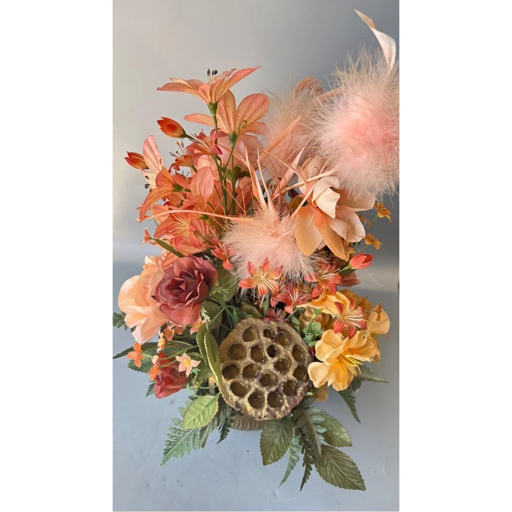 Vtg Silk Floral Arrangement Peach Feathers Roses Brass Bowl‎ Made in India 15